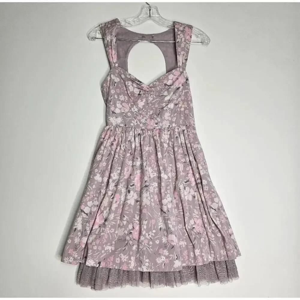 Free People Purple Floral Open Back Sundress Keyhole Tulle Hem Size 4